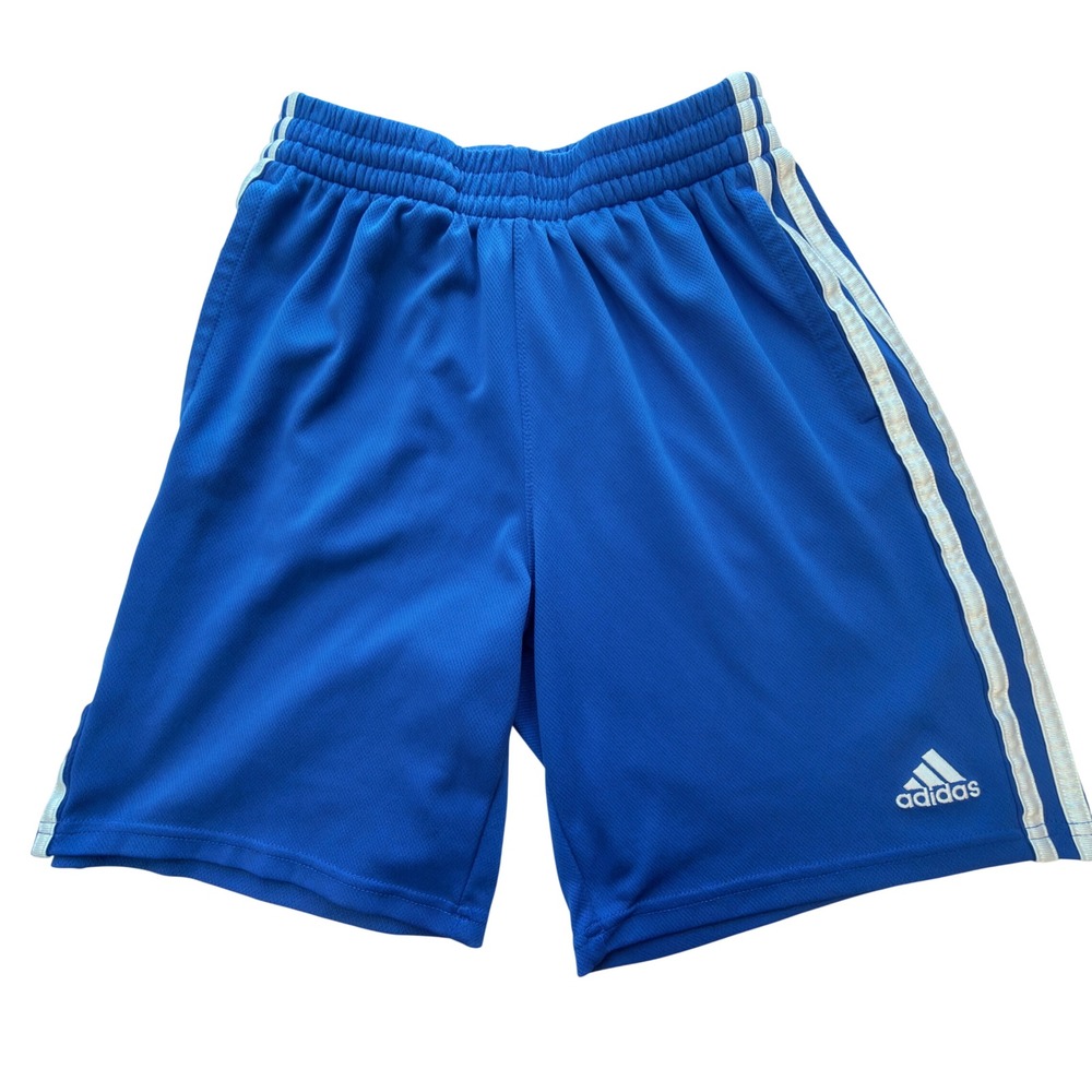 Adidas Mesh Shorts Boys Size L 14/16 Blue Excellent 3-Stripe Athletic AH5609